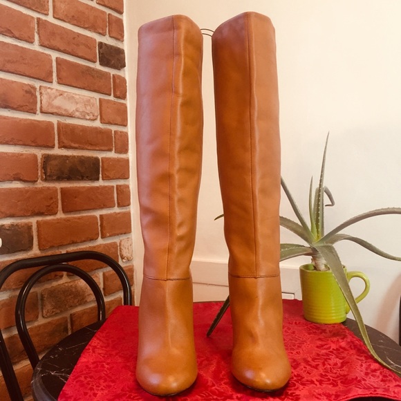 Joe Fresh Tan Brown Leather Stovepipe Heeled Boot - Picture 4 of 8